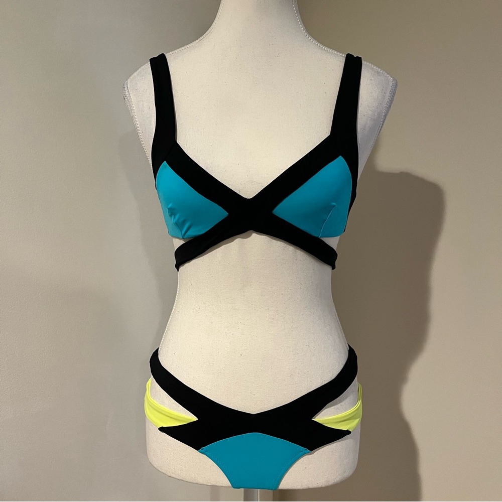 Agent Provocateur Mazzy Teal and Black Bikini with Neon Yellow